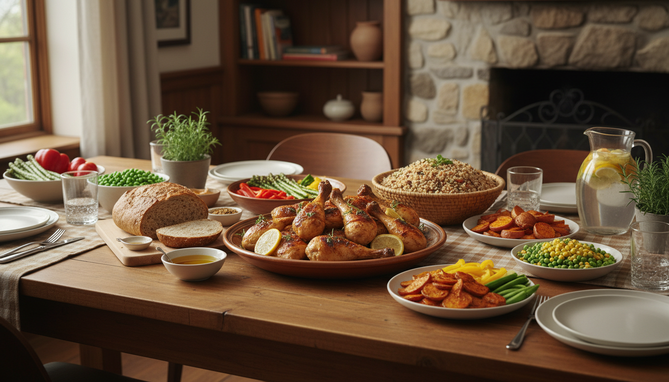a nutritious, family-friendly meal featuring colorful vegetables, whole grains, and lean proteins, arranged in an inviting setting without any people in the image
