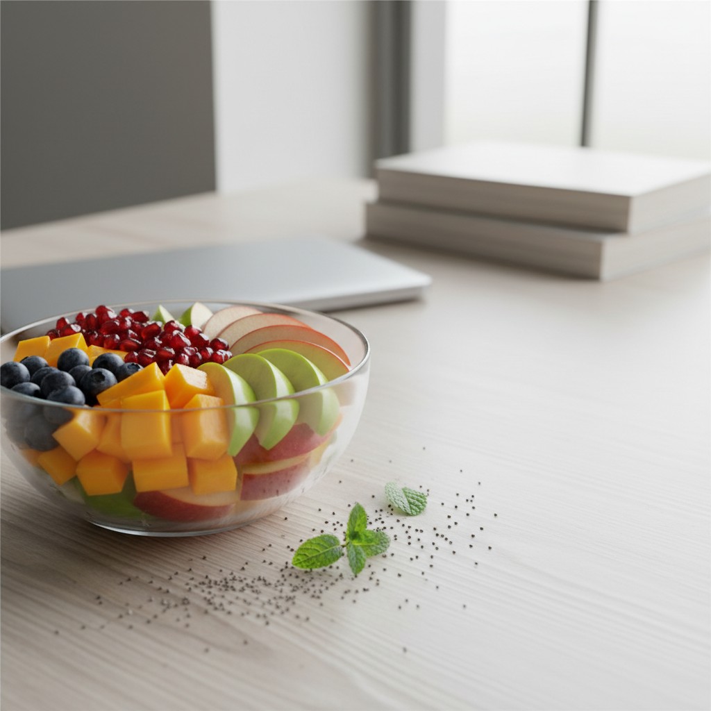 A bowl of sliced apples, mango, pomegranate, and blueberries served on a light wooden table with a white laptop and books ...
