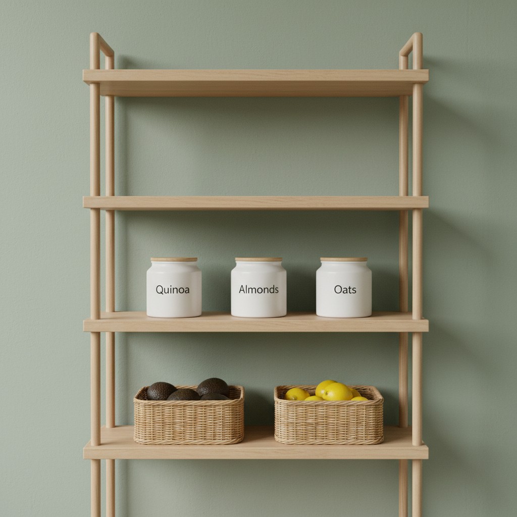 An empty shelving unit made of pale wood, featuring three white jars labeled with the words "Quinoa", "Almonds", and "Oats...