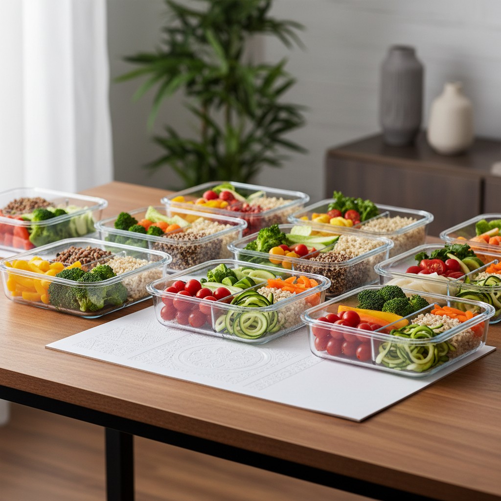 Containers of mixed salad ingredients on wooden table with plant in living room to the background.
