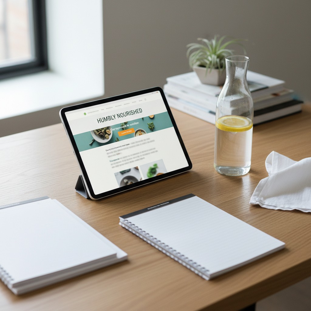 Tablet computer on a desk, displaying a website about nutrition, with a notebook and a glass of water nearby.